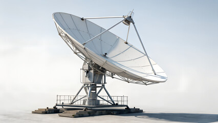 Large parabolic satellite dish antenna installed on rooftop platform under clear sky used for telecommunication, broadcasting, space research and global data transmission networks