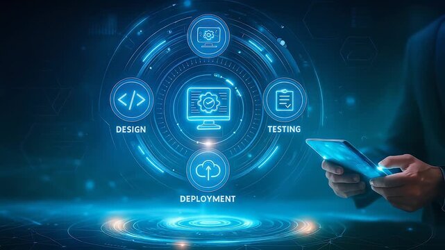 Person Holding Smartphone Holographic Interface Coding Design Testing Deployment Technology Screen