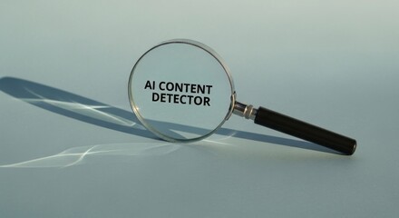 Magnifying glass over "AI Content Detector" on blue surface, casting shadow