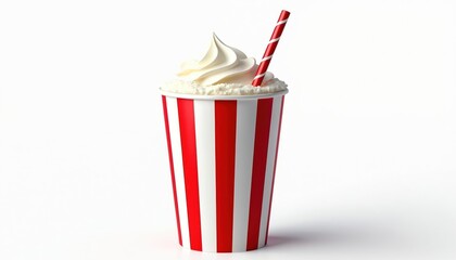 Brightly striped cup with straw holds creamy drink, perfect for fairs movie theaters. Red, white stripes adorn container for beverages, snacks, refreshments. Enjoy cheerful, festive party essential