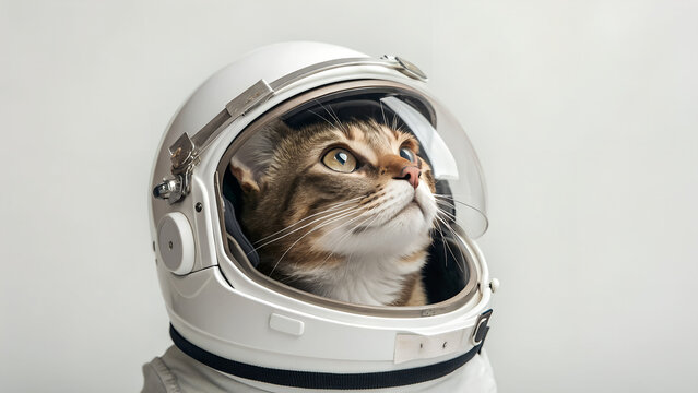 Cute domestic cat wearing astronaut helmet isolated on light background perfect for creative pet portraits, humorous space themed designs and imaginative sci-fi illustration concepts