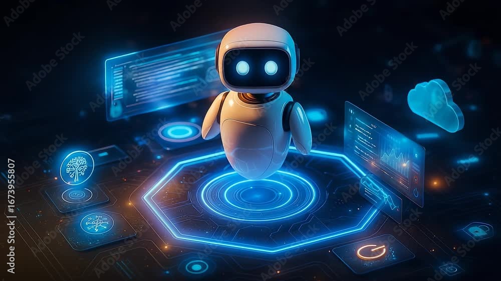 Poster cute robot standing holographic interface code cloud platform technology digital screen innovation