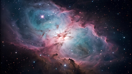 Obraz premium Colorful nebula cloud with glowing stars in deep outer space showing cosmic dust and light patterns perfect for astronomy visuals, science education, fantasy artworks and dreamy cosmic backgrounds