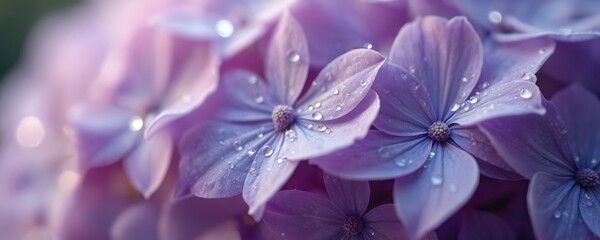 Macro shot captures delicate purple flowers glistening with dew drops after rain. Soft pastel colors, including violet, pink hues, create tranquil mood perfect for spring summer themes. Intricate