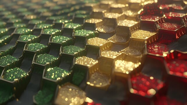 Abstract Hexagon Pattern Green Gold Red Shiny 3D Geometric Design