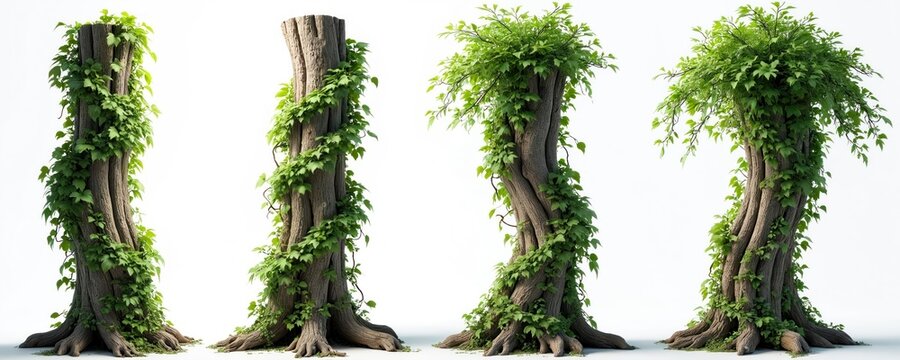 Four tree trunks overgrown with rich green vines on white background. Twisted plant stems with foliage climb textured bark. Clean, isolated composition perfect for nature, garden, or forest themes.