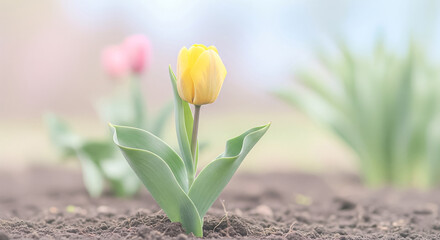 A solitary yellow tulip grows from the earth, its vibrant color complemented by the soft, peaceful, and out-of-focus background of the garden.