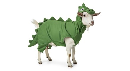 goat dressed as a dinosaur, Halloween costume, prehistoric dino costume