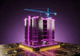 Magenta neon residential tower with blue crane on golden circuit board.