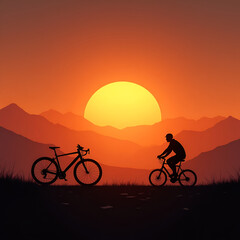 Obraz premium Cyclists Silhouetted Against a Mountain Sunset