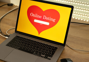 Online dating login, red heart, love, romantic feelings, affection. Relationship, internet dating site, partner search, feelings, ghosting, happiness, communication, finding someone.
