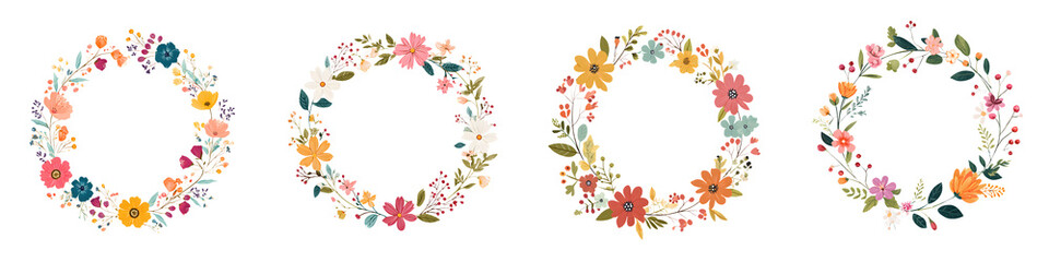 Set of Floral Wreaths with Wildflowers and Leaves on White Background