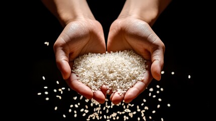 Hands holding rice grains symbolizing food agriculture hunger and survival
