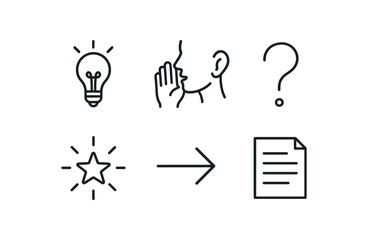 simple outline stroke icon isolated on white background: subtle hint whisper icon clue mark glow small arrow text sheet