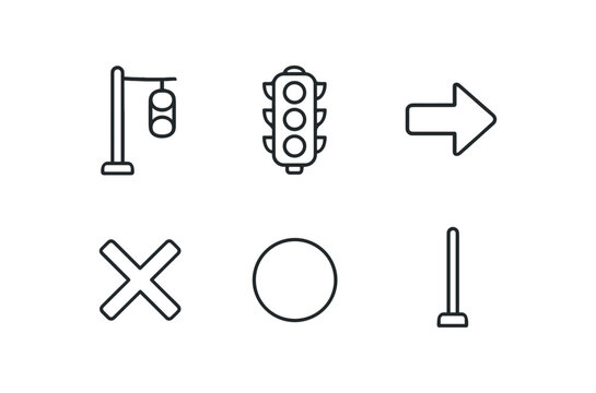 simple outline stroke icon isolated on white background: traffic signal stop light green arrow red mark circle street pole