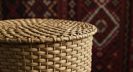Close-up shot showcases a woven basket with a lid, highlighting intricate patterns and textures, set against a blurred background with abstract designs.
