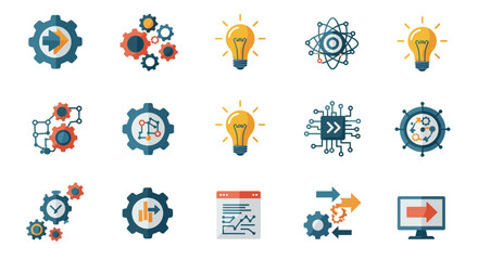 Collection of abstract flat icons representing innovation, technology and solutions