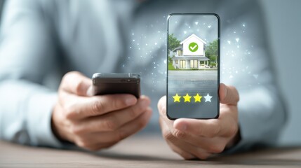 A person holds a smartphone displaying a virtual house with a checkmark and star rating