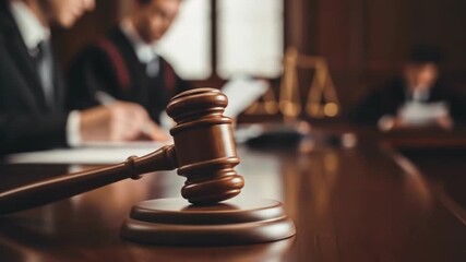 Gavel on a wooden table in a courtroom with judges in the background, symbolizing justice and law - Powered by Adobe