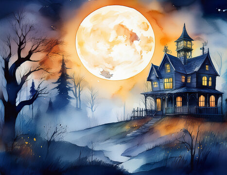 Watercolor Halloween Night with Full Moon and Haunted House