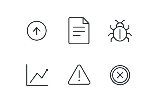 simple outline stroke icon isolated on white background: open issue document page bug icon chart line alert sign error stamp