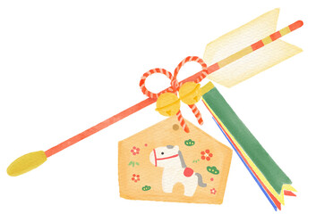 A hamaya arrow for the Year of the Horse drawn with watercolors on drawing paper