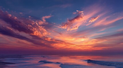 A stunning sunset over calm waters, showcasing vibrant hues of orange, pink, and purple in the sky, reflecting beautifully on the ocean surface.