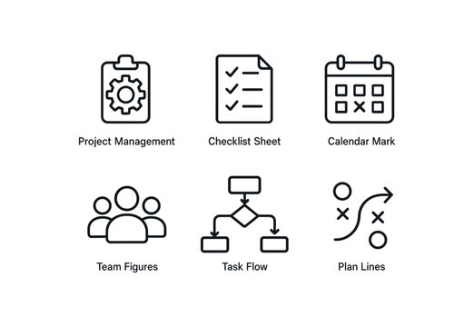 simple outline stroke icon isolated on white background: project management checklist sheet calendar mark team figures task flow plan lines