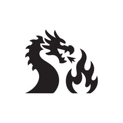 Black Silhouette of a Dragon Breathing Fire on a White Background
