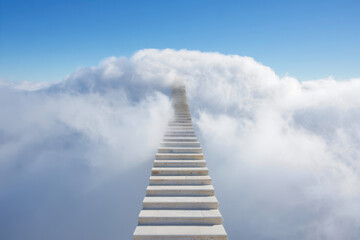 Stairway to heaven rising through ethereal clouds, a pathway to dreams and aspirations, conveying hope, faith, and overcoming challenges for spiritual growth and ultimate success