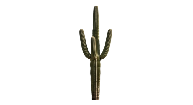 Saguaro cactus stands prominently with three arms against a stark background, casting subtle shadows.