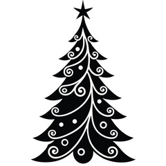 Black and white stylized Christmas tree with star and ornaments 1