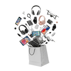 A dynamic explosion of electronic gadgets and accessories emerging from a shopping bag, showcasing modern technology