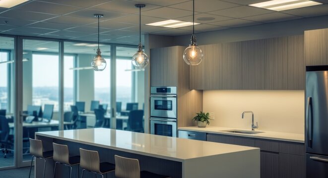 Modern office break room with island counter and city view