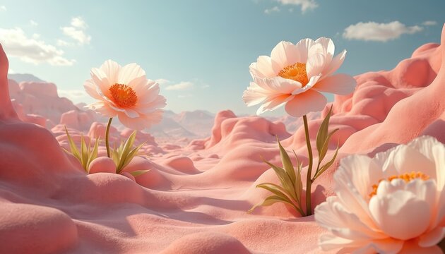 Surreal landscape with delicate pink flowers blooming against a pastel sky and soft, rolling hills. This AI-generated artwork evokes a dreamlike, whimsical atmosphere, perfect for creative projects. - Powered by Adobe