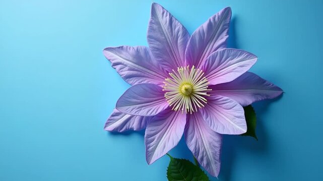 blooming clematis isolated top view on congratulatory blue background
