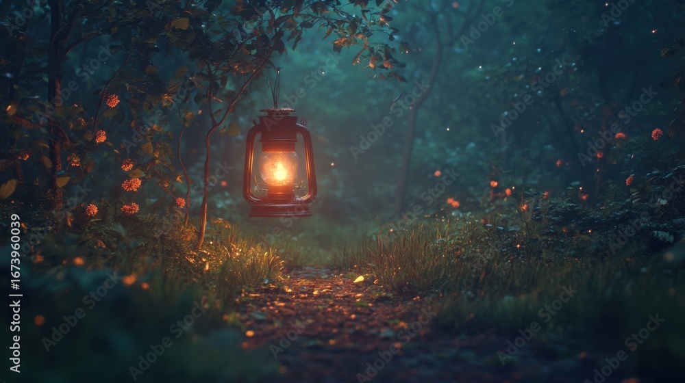 Poster glowing lantern illuminating a magical forest path with a soft, ambient glow.