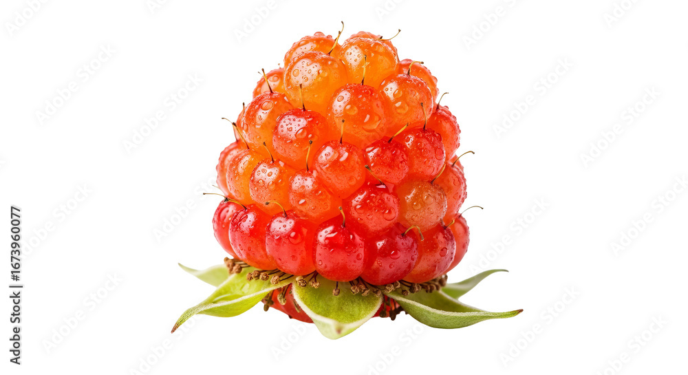 Poster salmonberry fruit shows an orange and red color gradient on its surface, clustered into a rounded sh