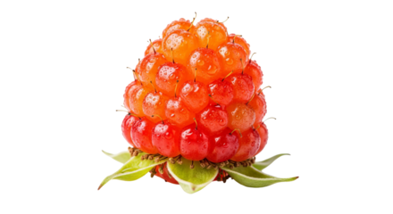 Salmonberry fruit shows an orange and red color gradient on its surface, clustered into a rounded shape.