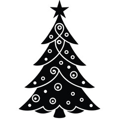 Black and white stylized Christmas tree with star and ornaments