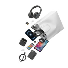 Collection of modern electronic devices and accessories emerging from a white shopping bag on a clean background