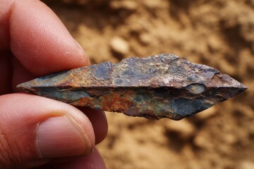 Native American ArrowheadArtifact. Amerindian Indian Holds Genuine Flint Knife and Spear Point