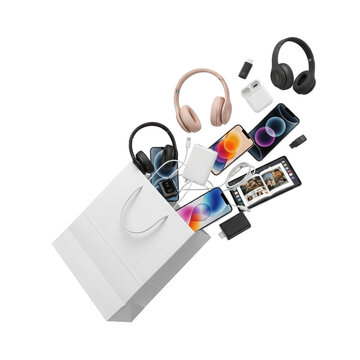 Collection of modern electronic gadgets and accessories spilling from a shopping bag against a white backdrop