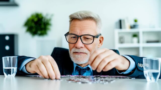 Professional businessman strategically analyzing intricate puzzle, showcasing analytical thinking while working in modern corporate office environment