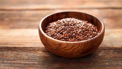 rustic wooden bowl brimming with healthy brown flax seeds on wooden surface use this image to illustrate nutrition healthy eating and vegan diets