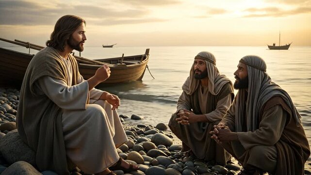 Jesus Christ Teaches Disciples by the Sea - Jesus Christ sits on a rocky beach at sunset, speaking to two attentive disciples. Fishing boats are visible on the calm water in the background.