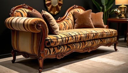 Elegant chaise lounge with rich tiger print upholstery and ornate wooden frame. This luxury furniture piece adds a bold statement to any room, blending classic design with a wild, modern aesthetic.