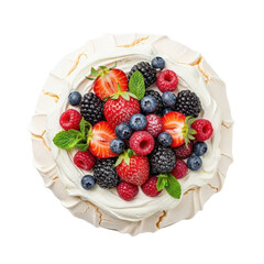Colorful Pavlova Dessert Topped with Fresh Berries and Mint Leaves on a White Background