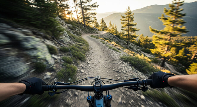First person view of a cyclist descending a mountain, close-up, speed effect, feeling of speed and excitement, cinematic look, high detail, slight motion blur at the edges