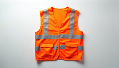 Bright orange safety vest with reflective strips, pockets, worn for visibility, protection. Essential workwear for construction, road, industrial environments. High-visibility clothing ensures worker